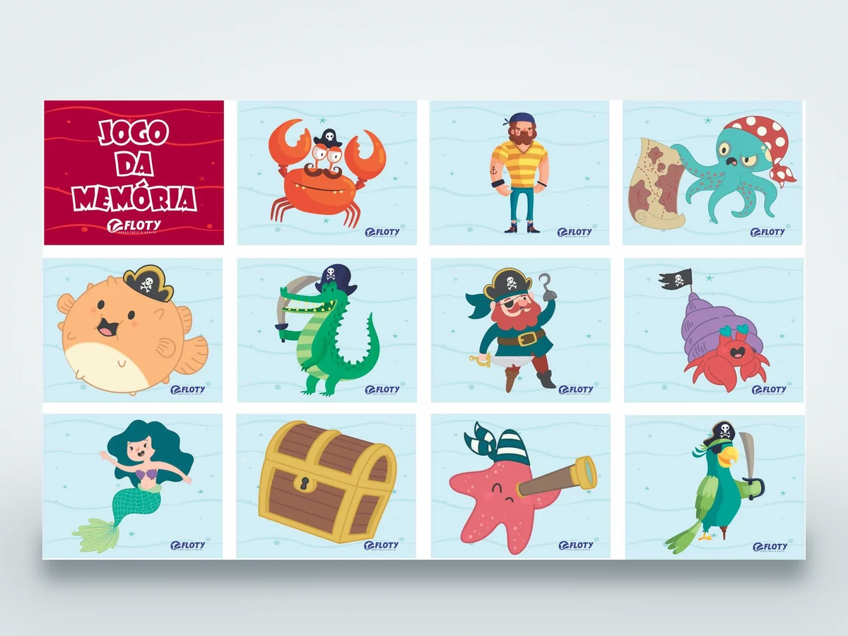 Cartas do jogo da memória submerso Floty, com animais do mar