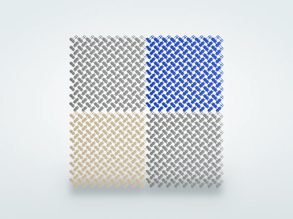 Quatro placas de Piso Dry Deck Floty encaixadas, nas cores cinza, azul e bege