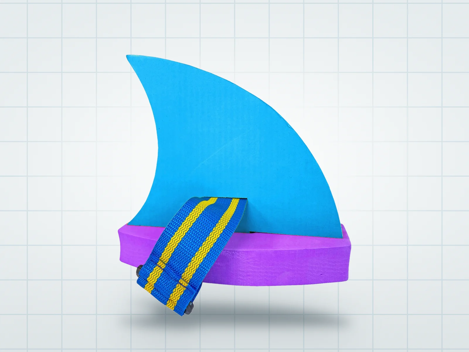 Boia de tubarão Floty: barbatana dorsal em EVA azul, com base roxa e cinta ajustável