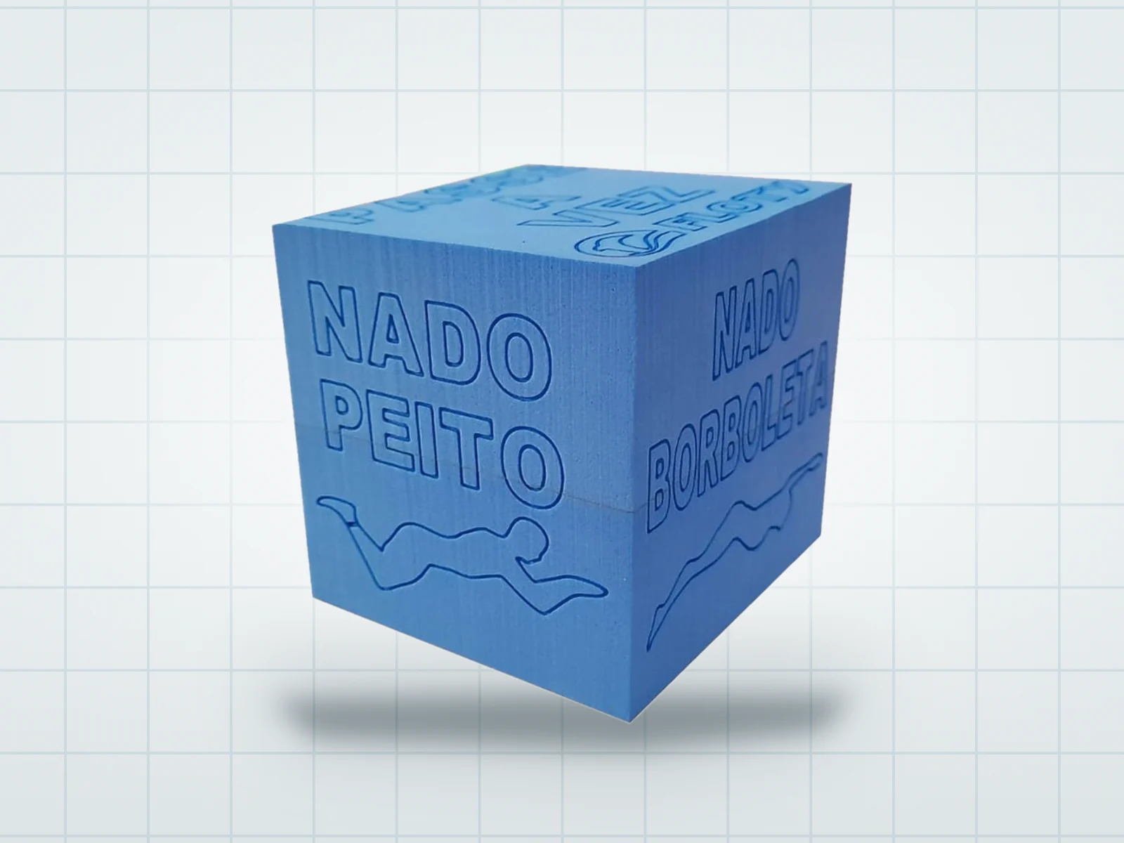 Dado natação Floty, em EVA azul, com as faces nado peito e nado borboleta