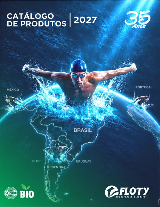 Capa do Catálogo de Produtos Floty 2027: nadador em borboleta sobre o mapa das Américas