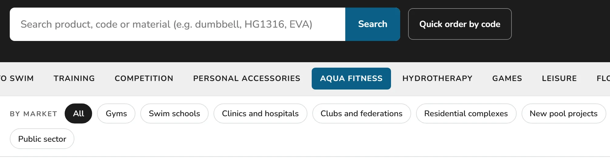 Technical catalogue search, category tabs and the By market filter