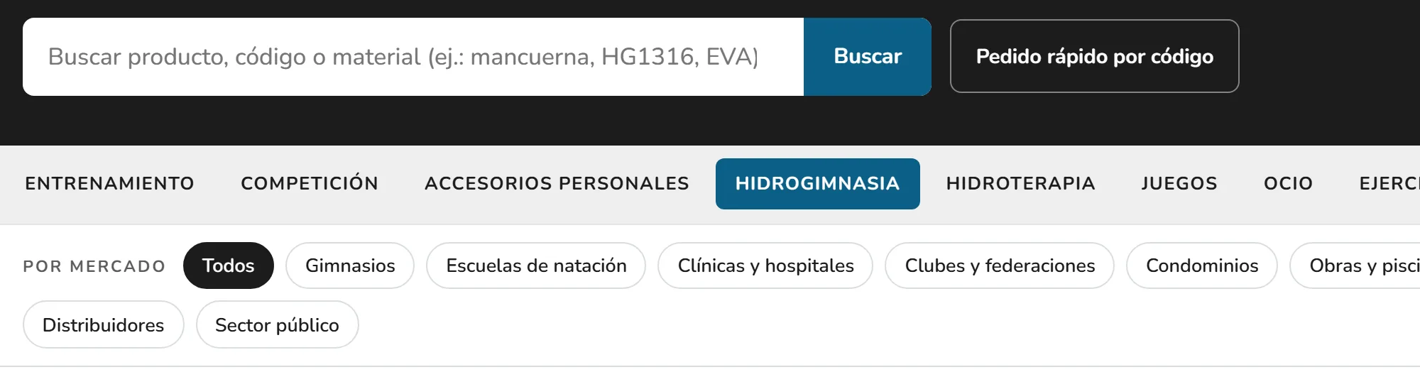 Búsqueda del catálogo técnico, pestañas de categorías y filtro Por mercado