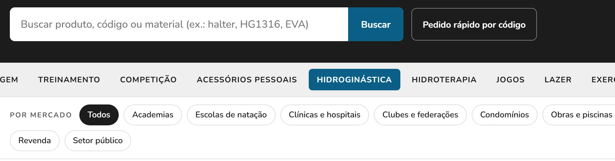 Busca do catálogo técnico, abas de categorias e filtro Por mercado