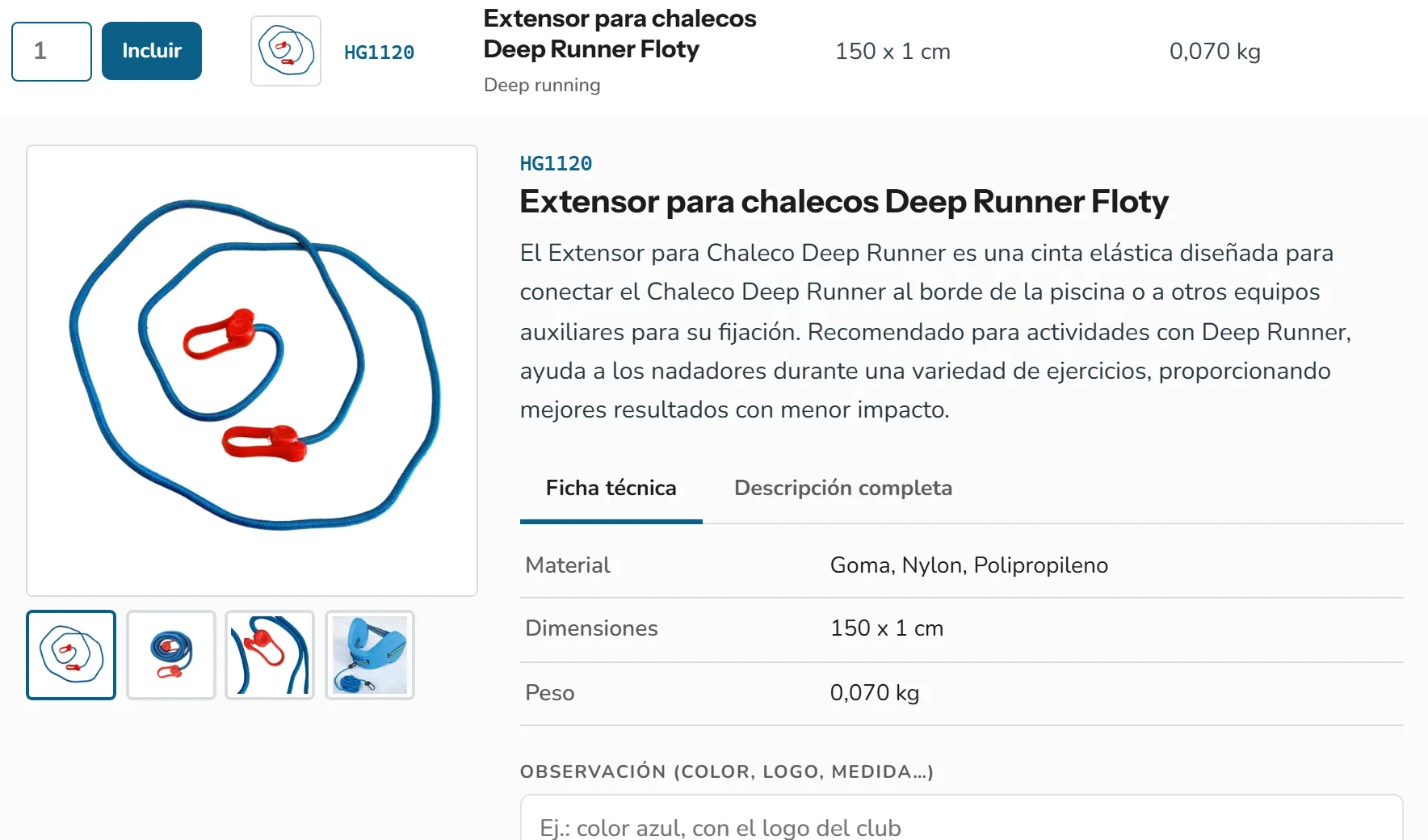Ficha técnica de un producto con material, dimensiones y peso