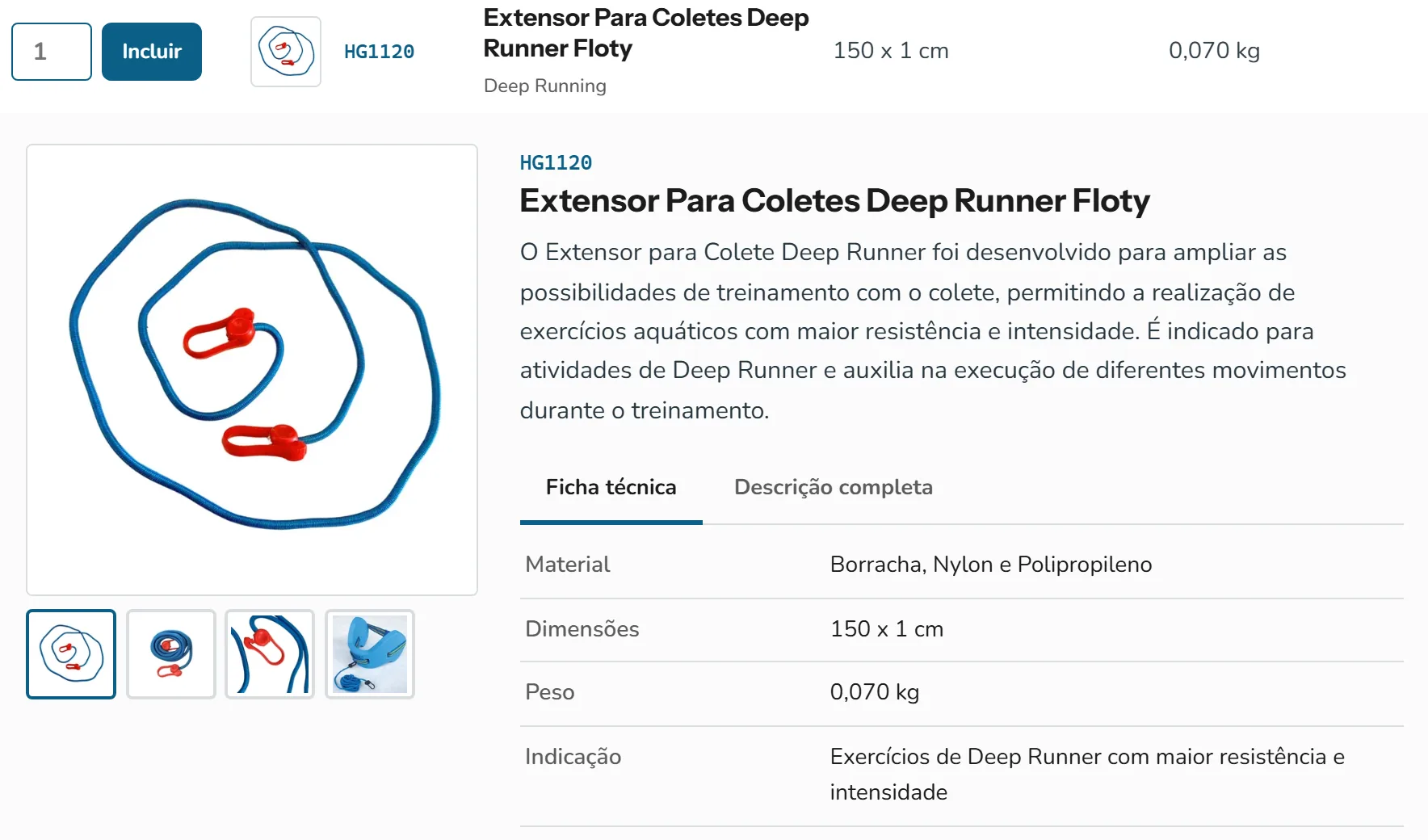 Ficha técnica de um produto com material, dimensões e peso