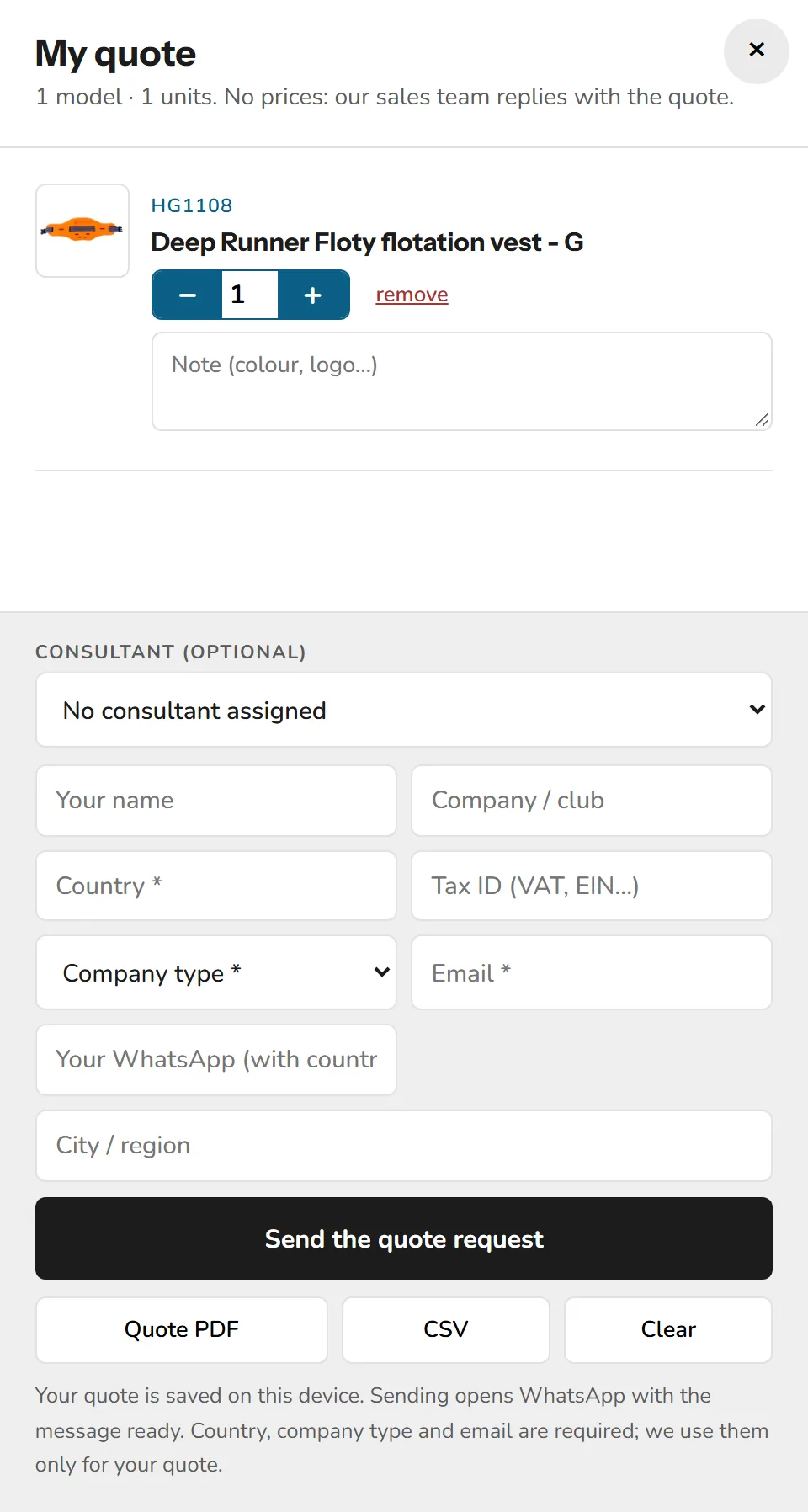 My quote panel with the selected item and company details