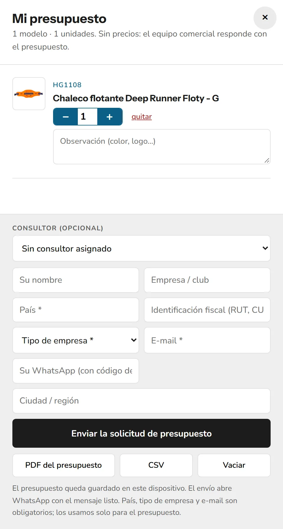 Panel Mi presupuesto con el artículo elegido y los datos de la empresa