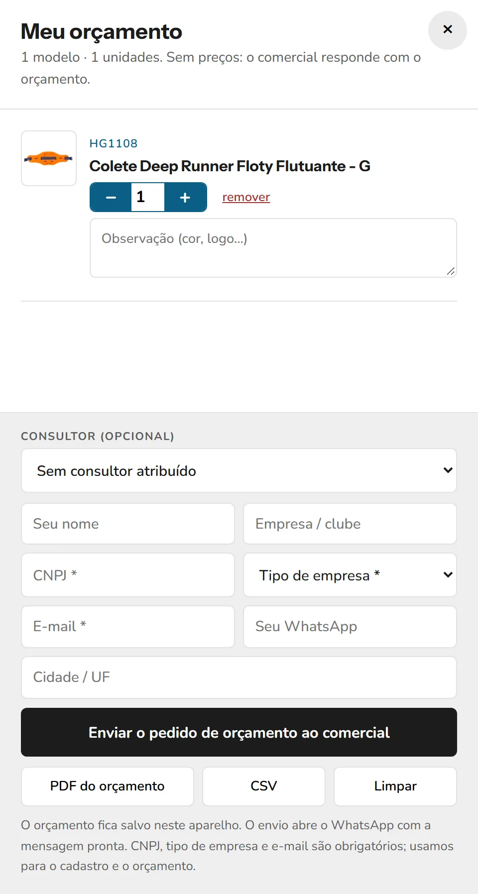 Painel Meu orçamento com o item escolhido, consultor e dados da empresa
